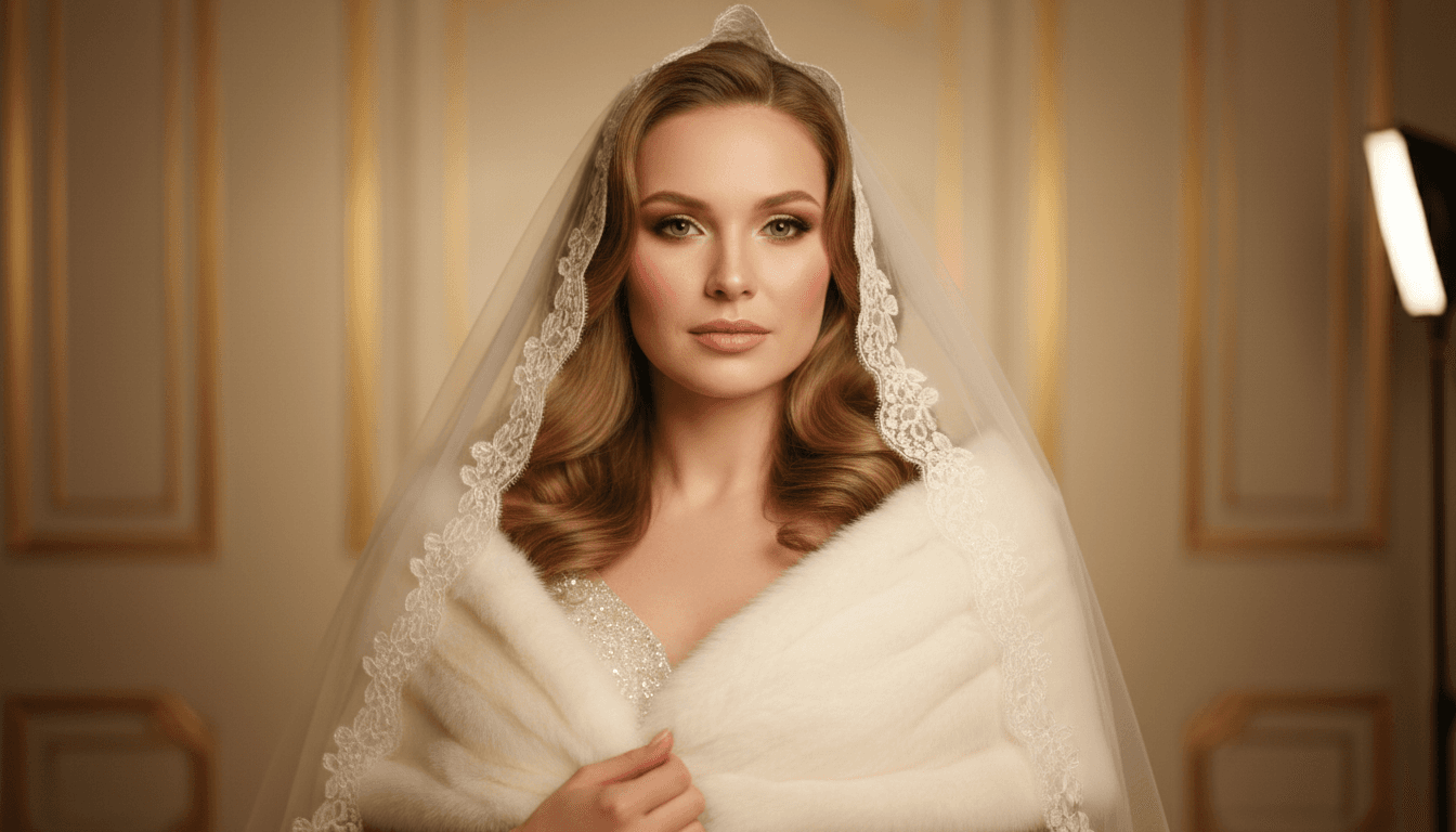 Elegant bride with soft glam makeup in warm studio lighting wearing a delicate veil and faux fur wrap