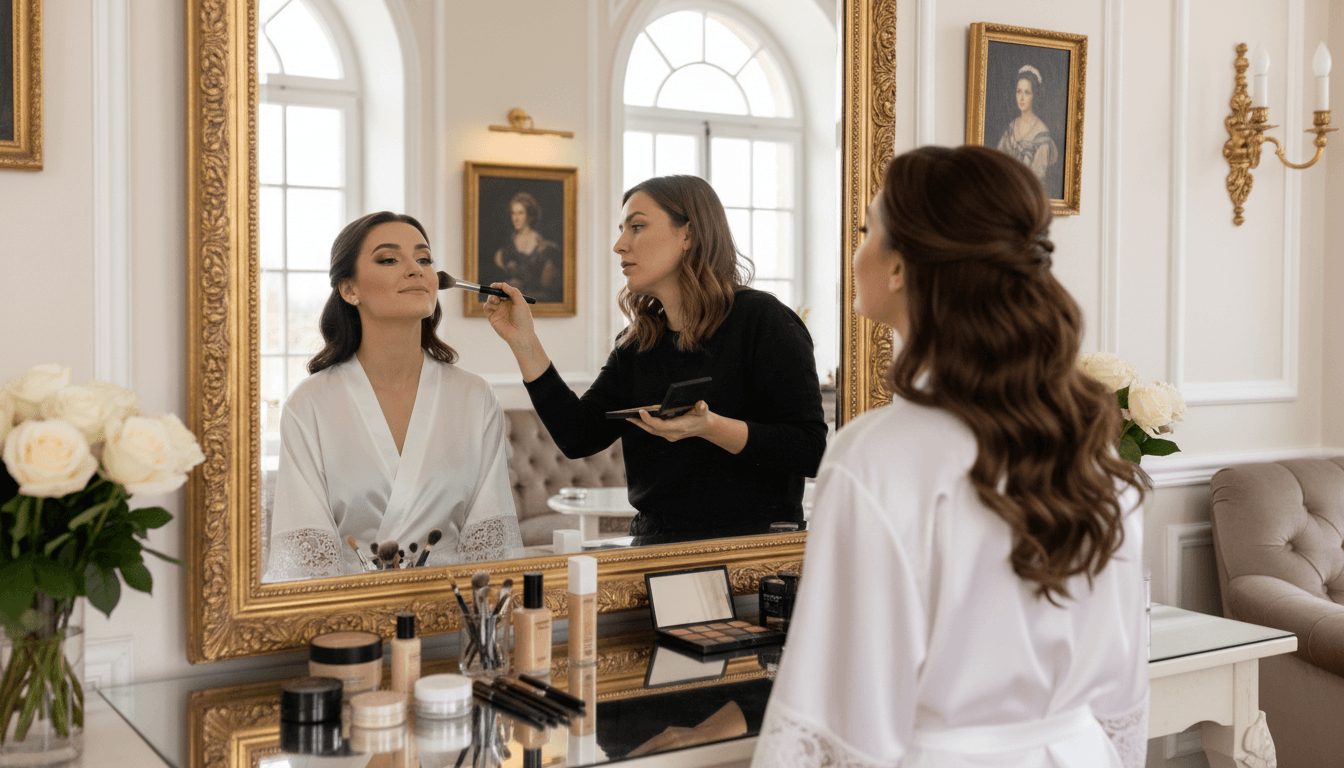 Bride during makeup trial session looking in mirror