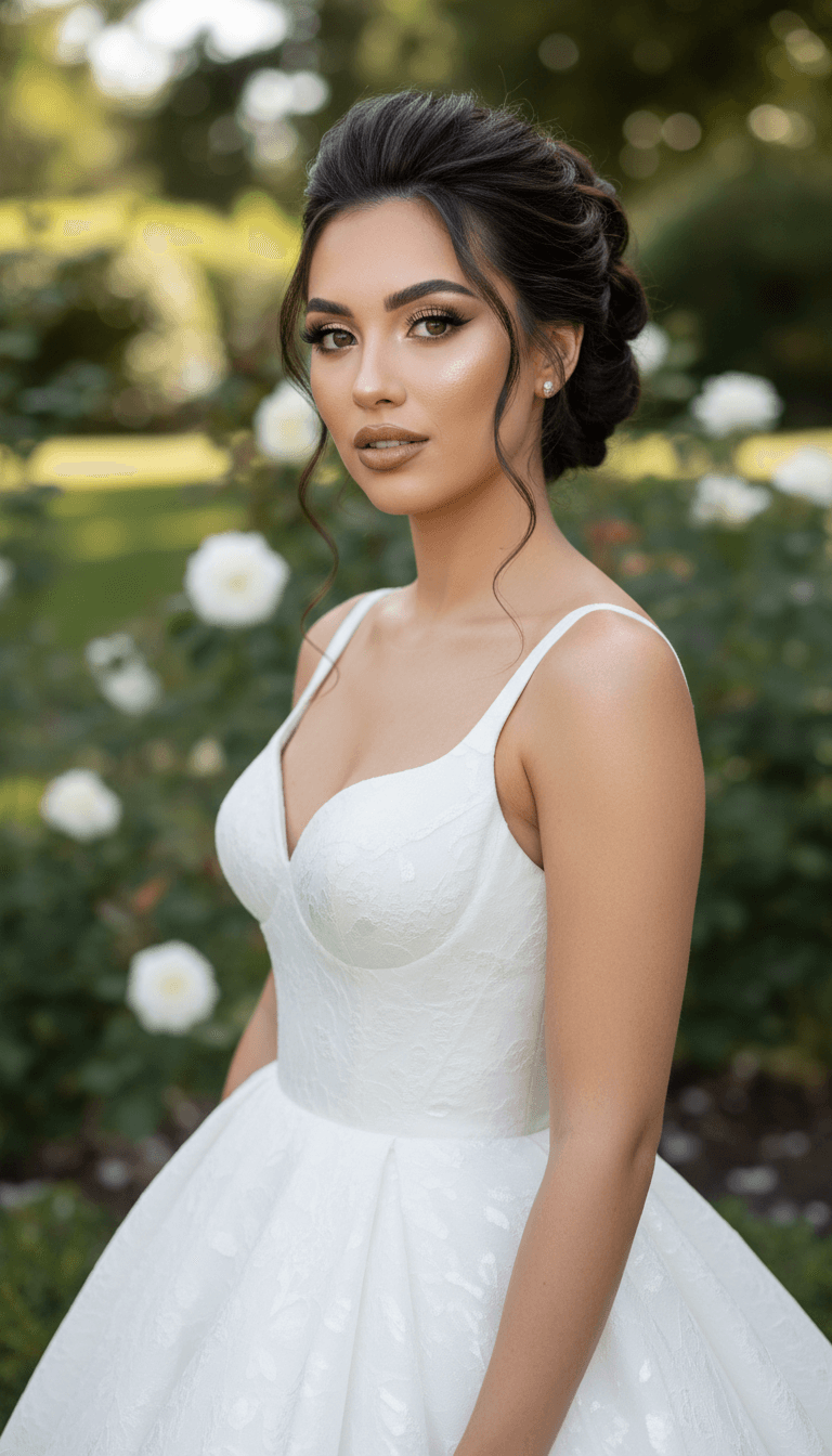 beautiful bride in white dress with soft glam makeup and elegant updo hairstyle looking at camera with confident expression