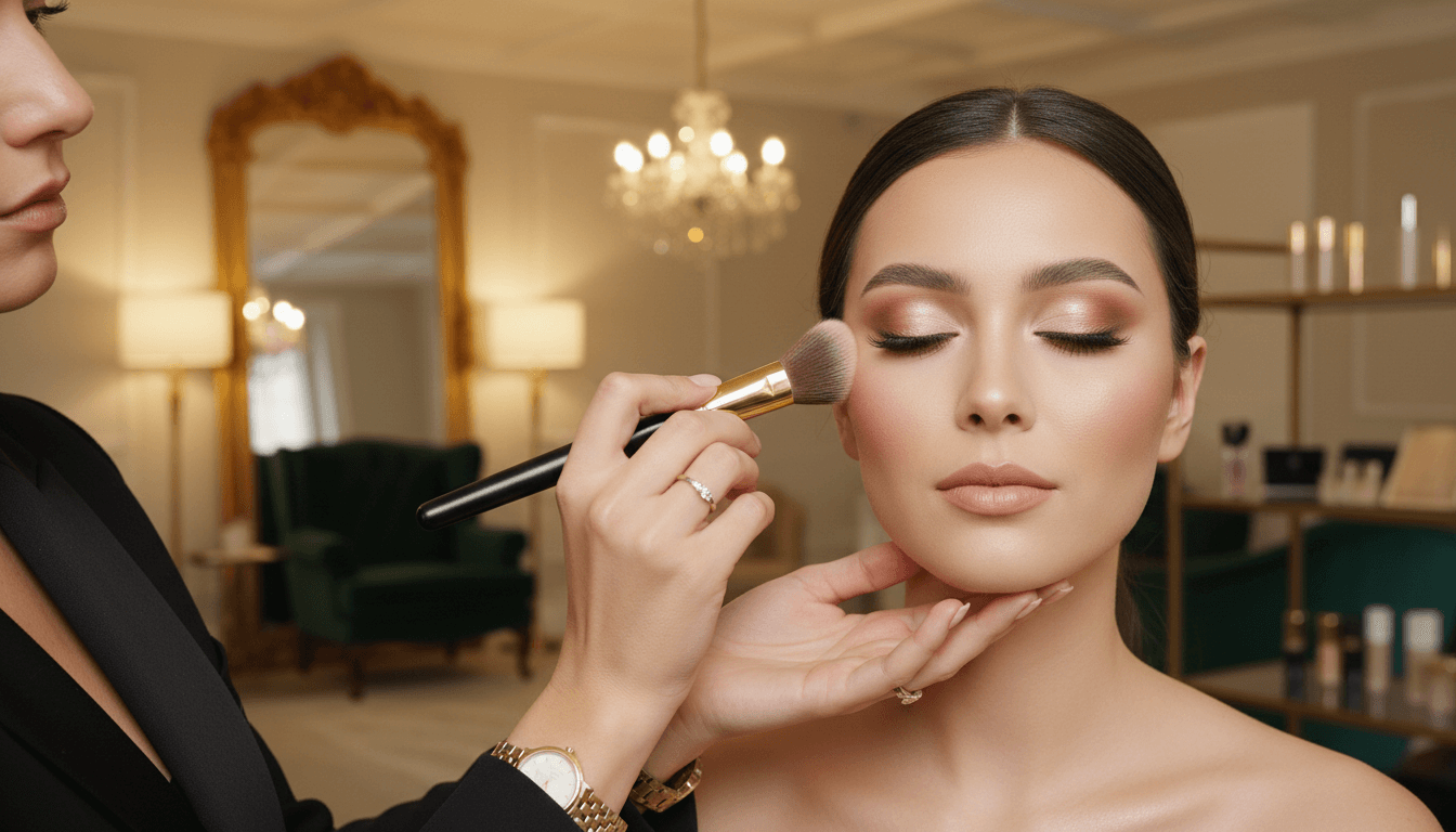 Luxury makeup artist applying soft glam makeup in elegant studio with warm lighting