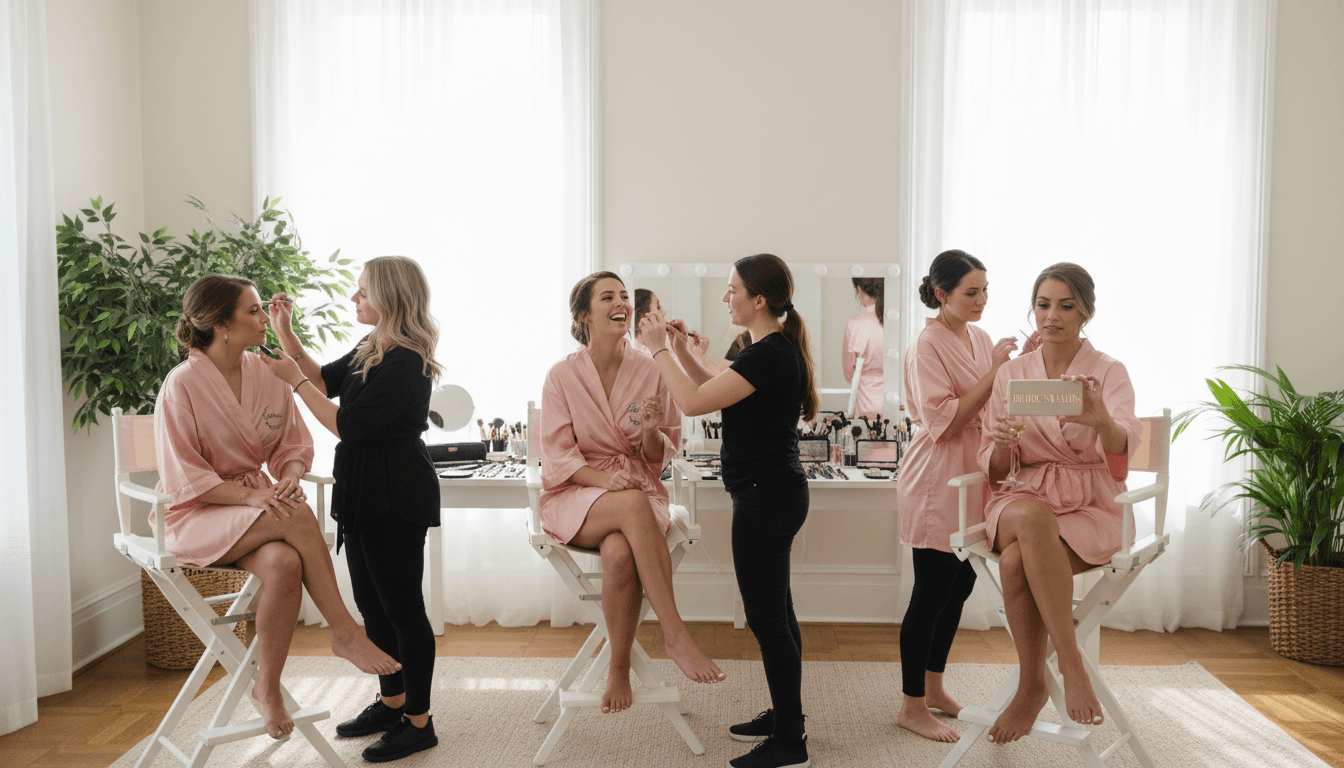 Group of bridesmaids getting makeup done together