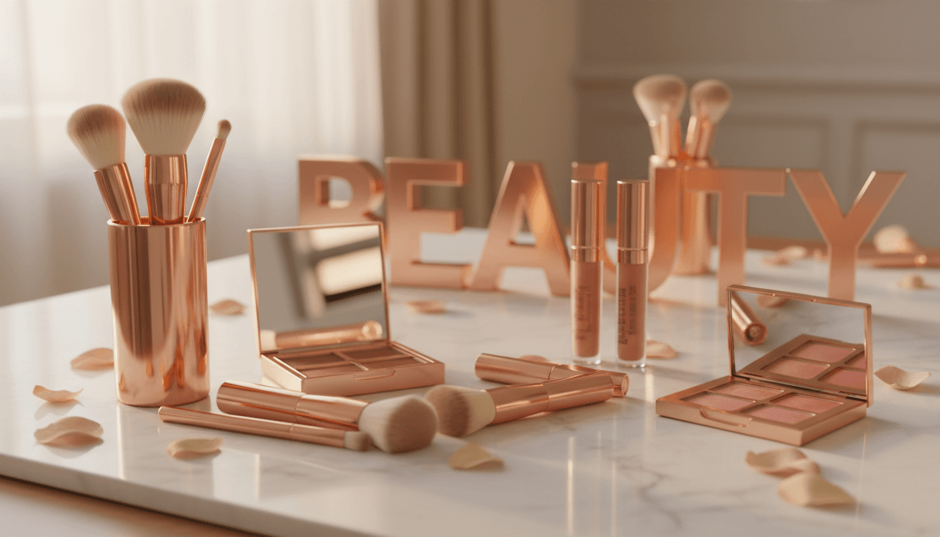 Luxury makeup brushes and premium cosmetics arranged on marble vanity with warm lighting