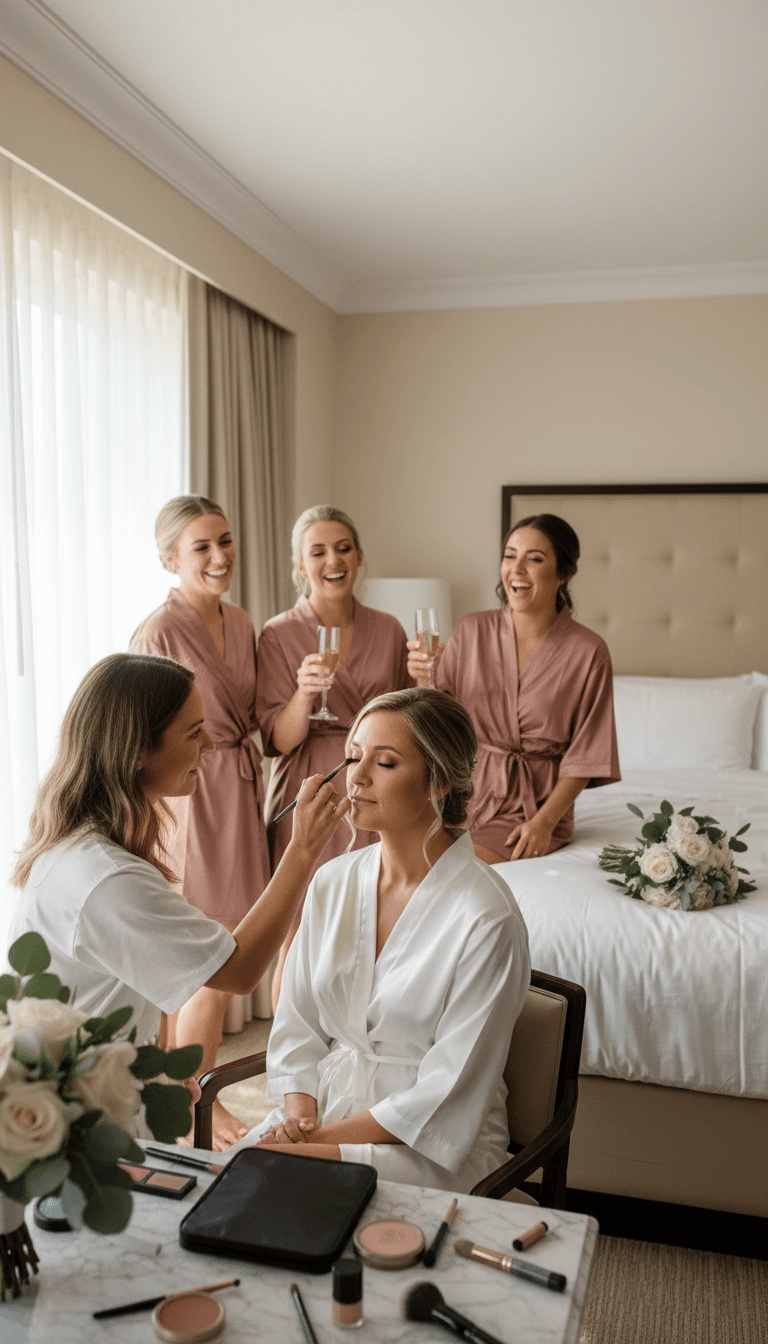 Bride having makeup applied in a bright hotel room before the wedding