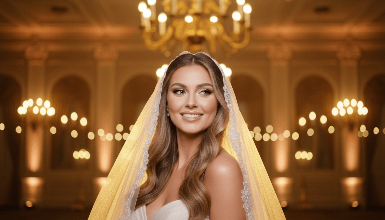 Bride with soft glam makeup in warm luxurious lighting wearing a delicate veil