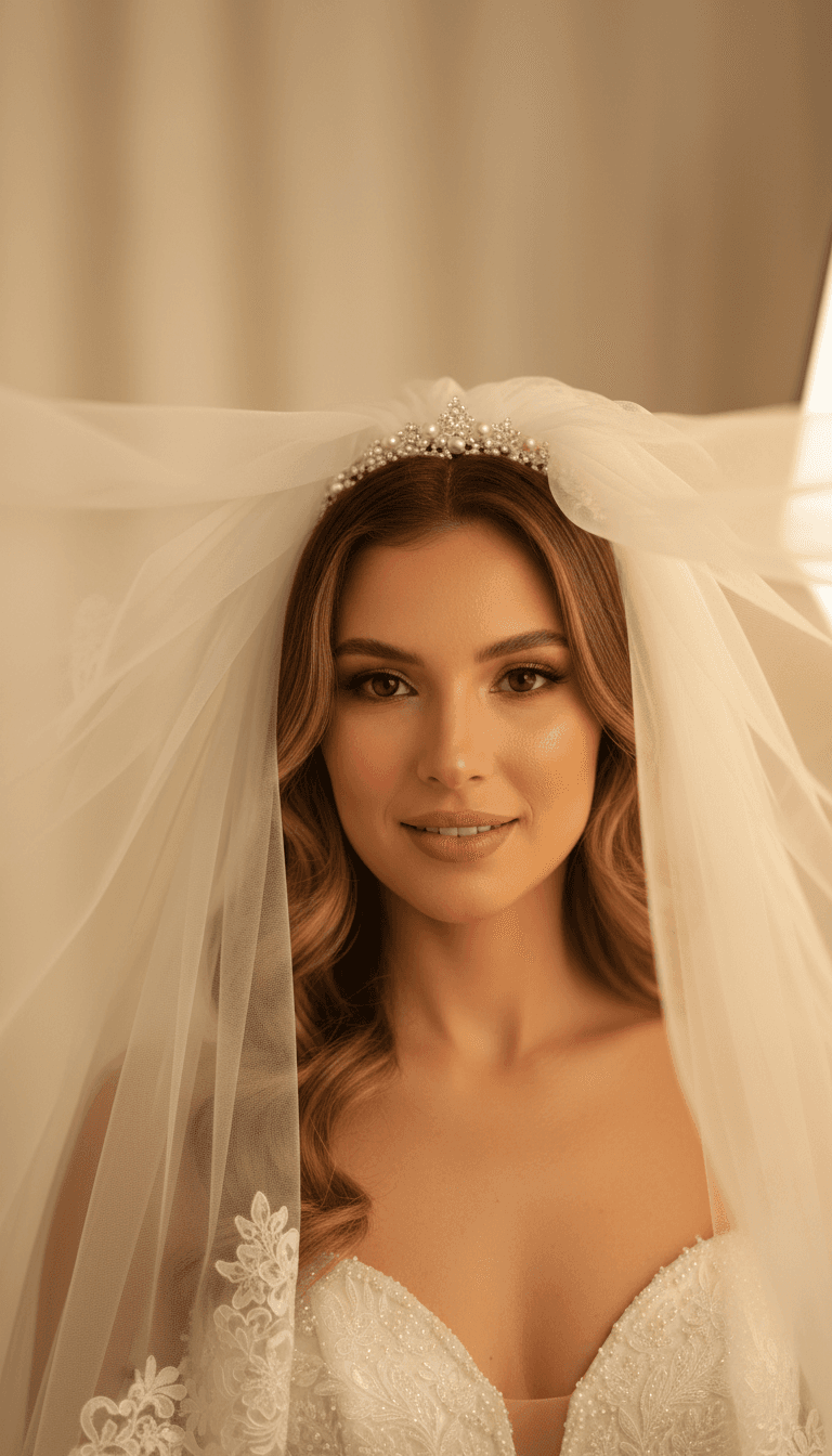Bride with elegant makeup and soft veil in warm studio light