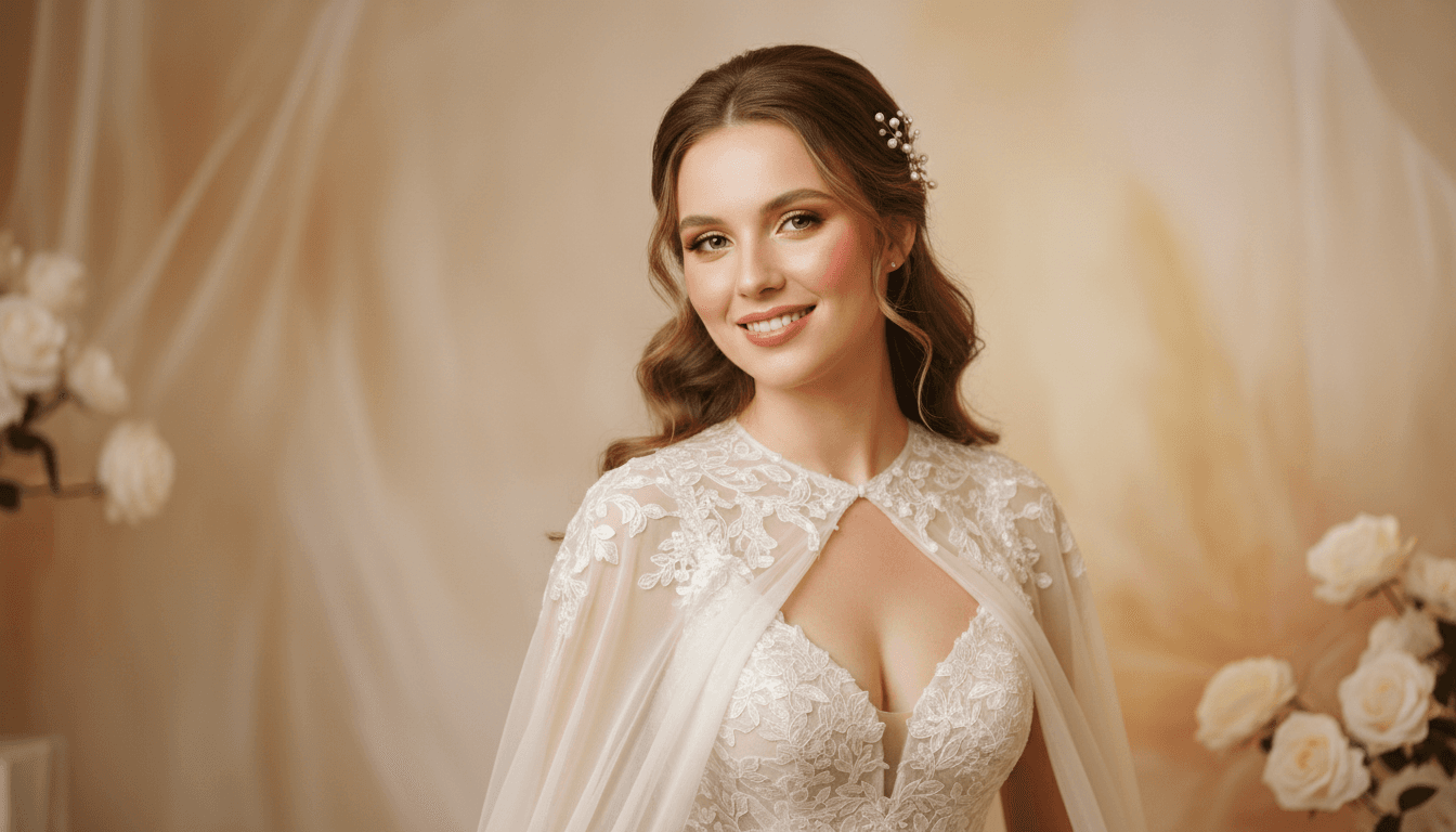 Bride with soft glam makeup in warm studio lighting