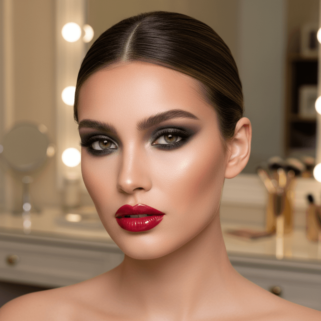 Full glam makeup with bold definition and red-carpet polish