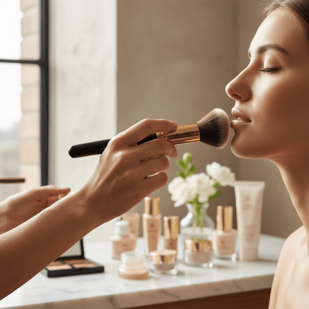 Makeup artist expertly applying foundation to client's face with precision brush during professional beauty consultation