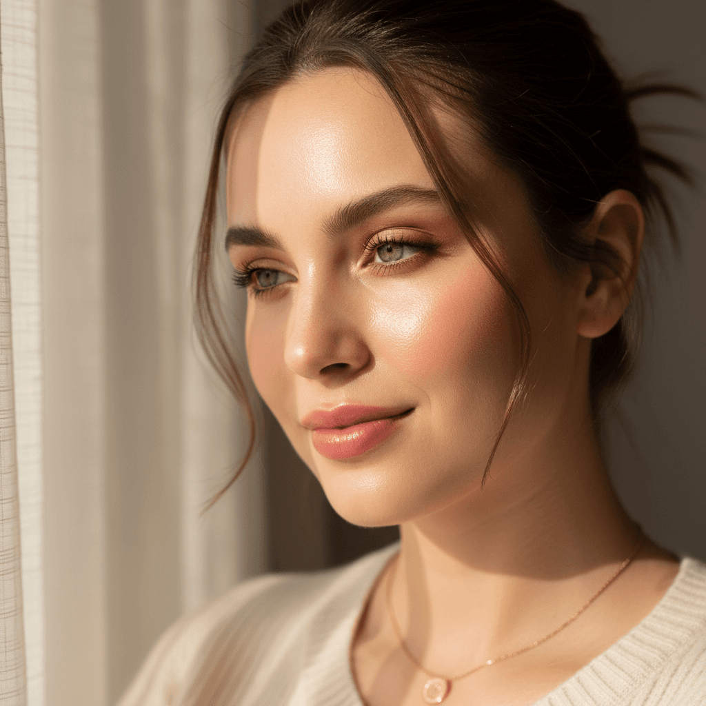 Soft glam with warm peachy tones and luminous skin finish
