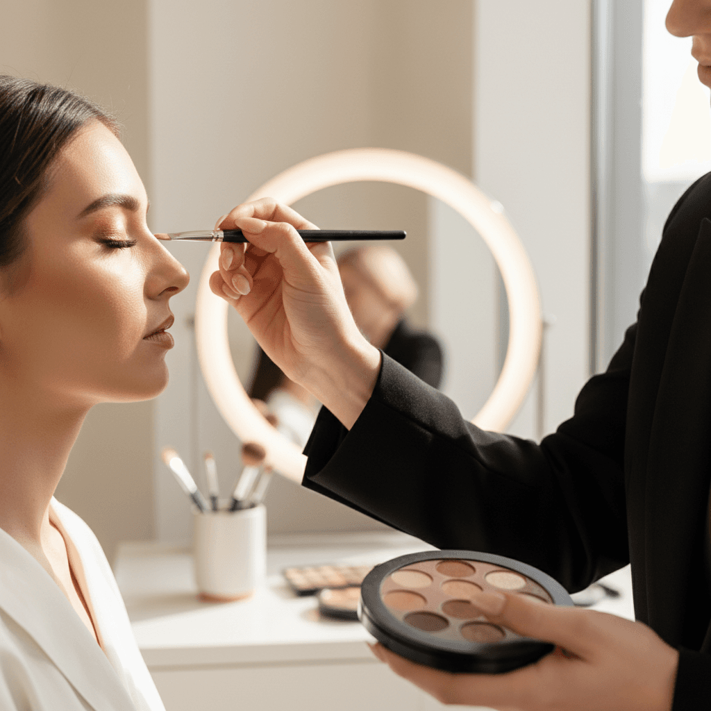 Makeup artist applying eyeshadow with detail