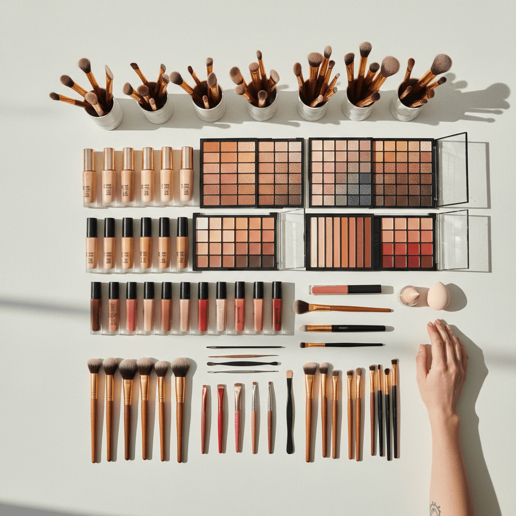 Organized makeup artist workspace with products