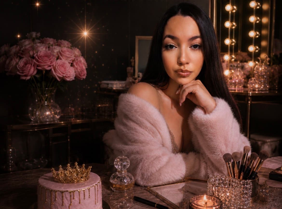 Glamorous woman in a pink fuzzy robe sitting at a table with a crown cake.