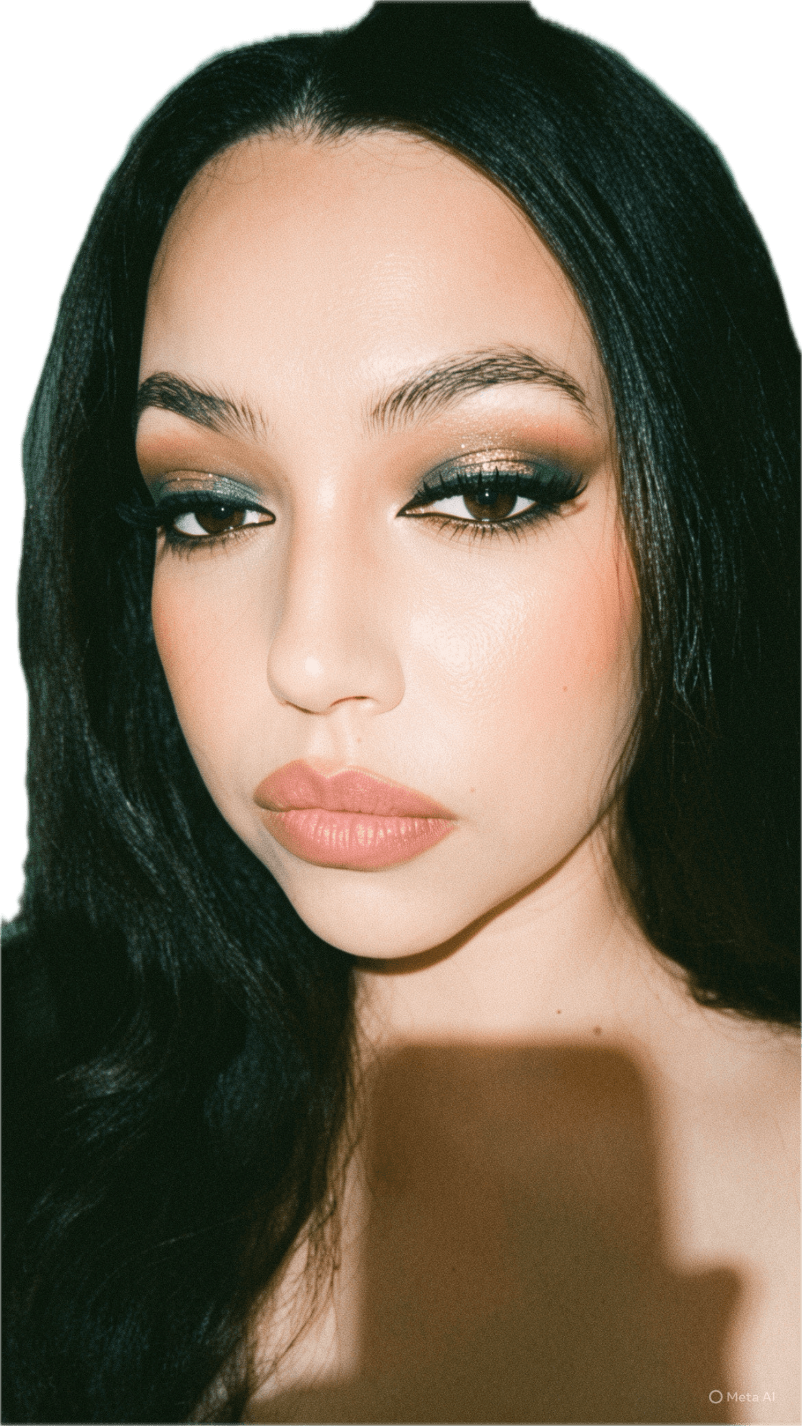 Close-up portrait of a woman with dark hair, shimmering green eyeshadow, and matte nude lips.